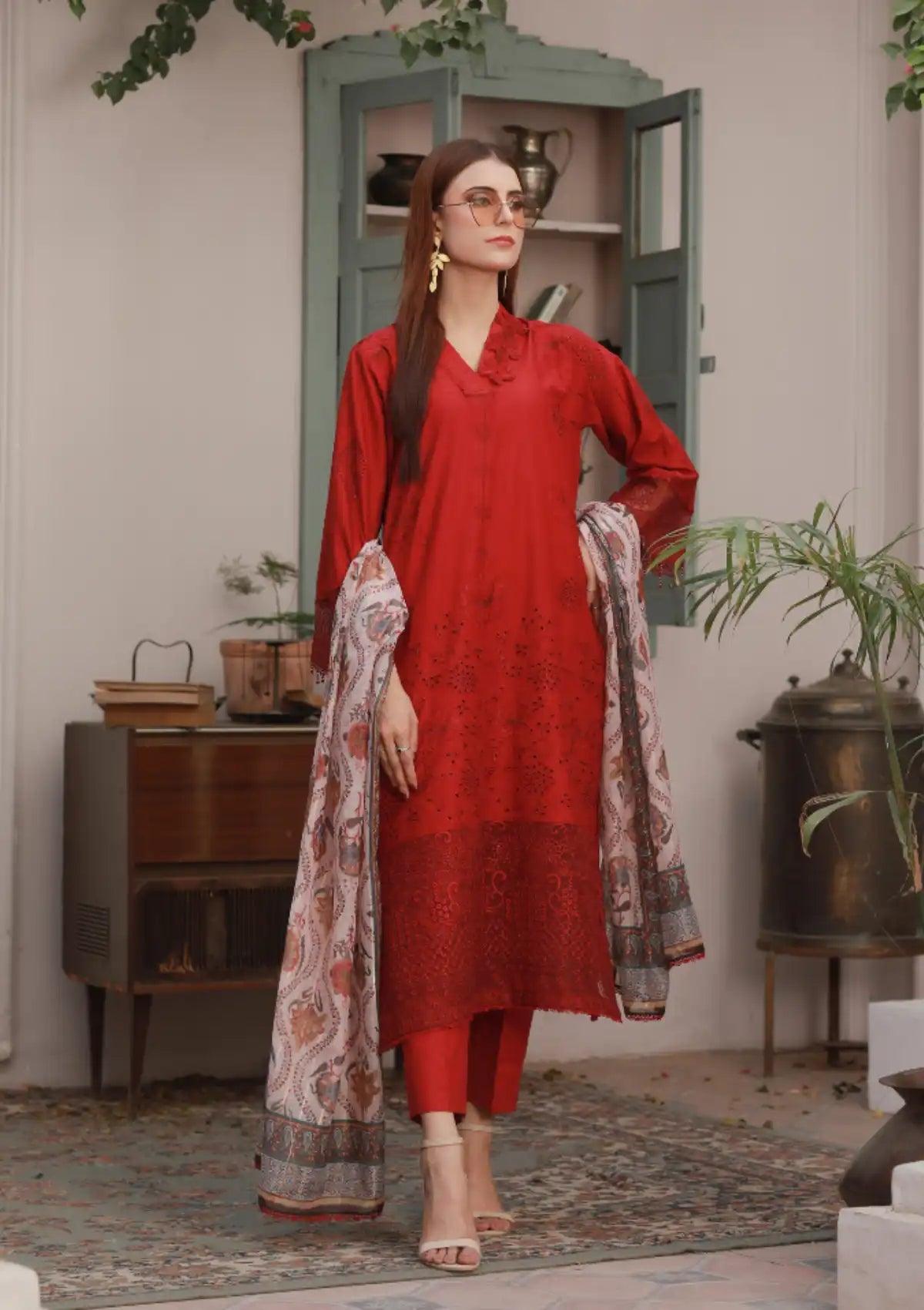 Clothere By Anam Lawnkari'24 D-04 Red - Mohsin Saeed Fabrics