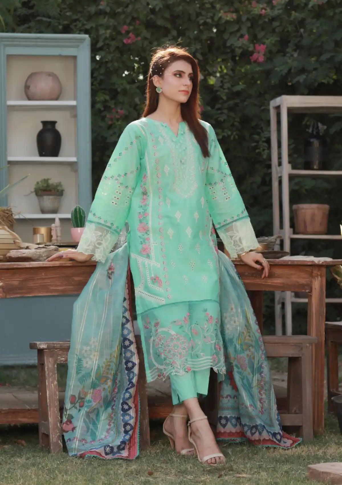 Clothere By Anam Lawnkari'24 D-06 Aqua - Mohsin Saeed Fabrics