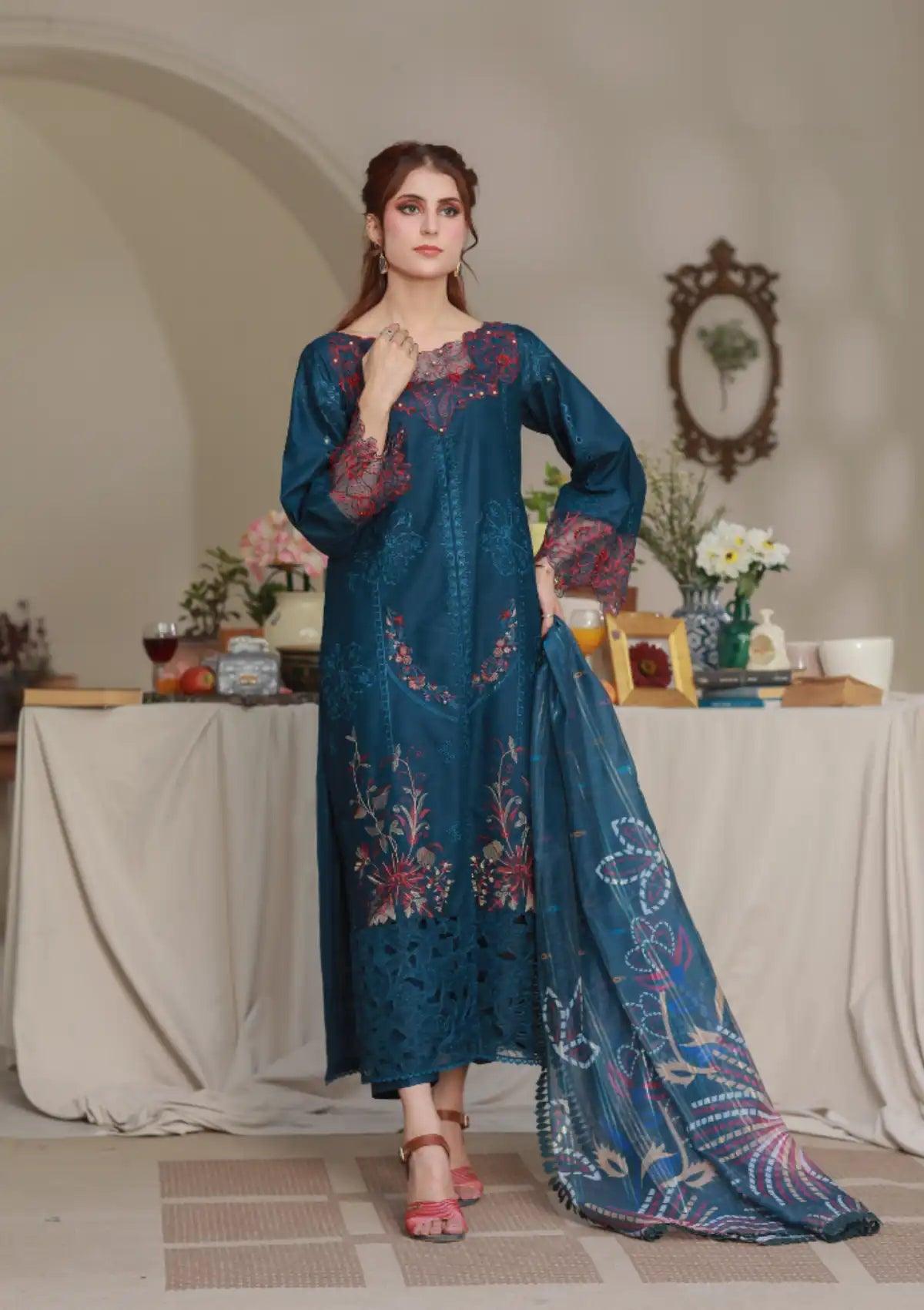 Clothere By Anam Lawnkari'24 D-07 Cyan Blue - Mohsin Saeed Fabrics