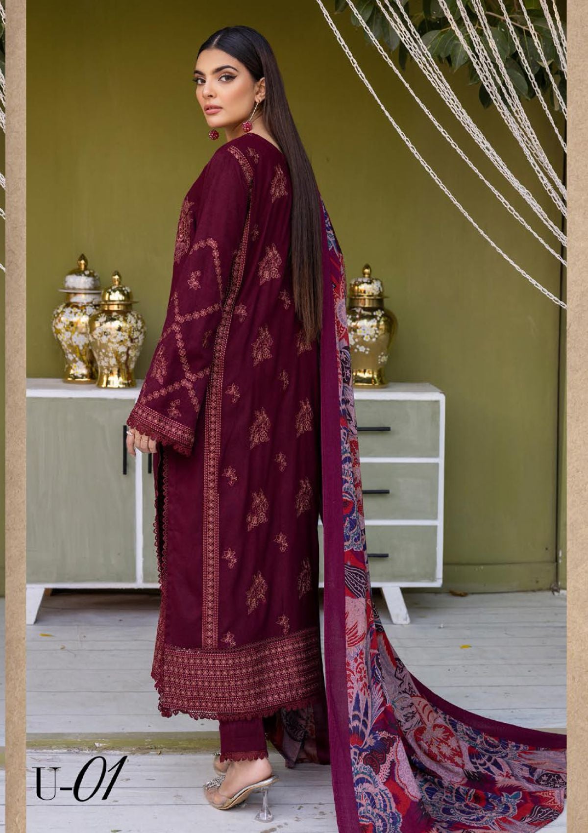 Khoobsurat Uraan Emb Peach Leather'23 U-01 - Mohsin Saeed Fabrics