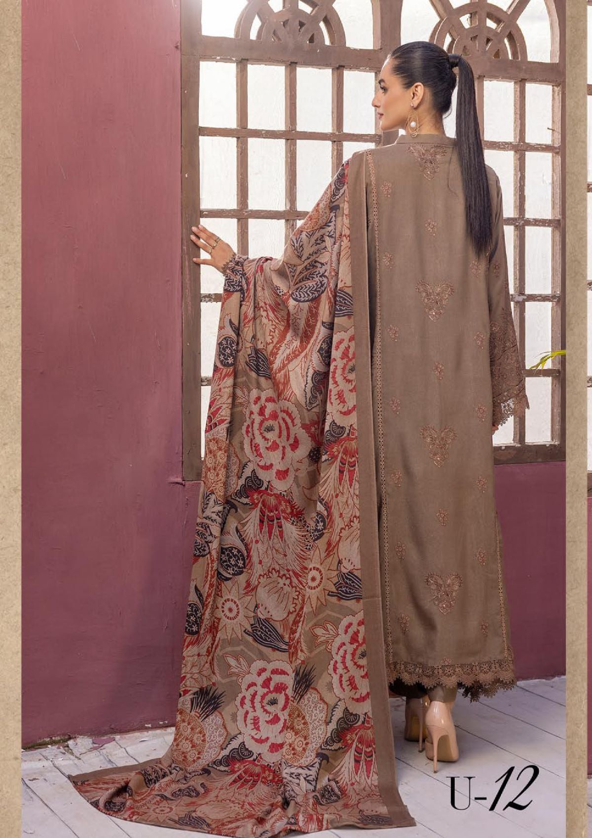Khoobsurat Uraan Emb Peach Leather'23 U-12 - Mohsin Saeed Fabrics