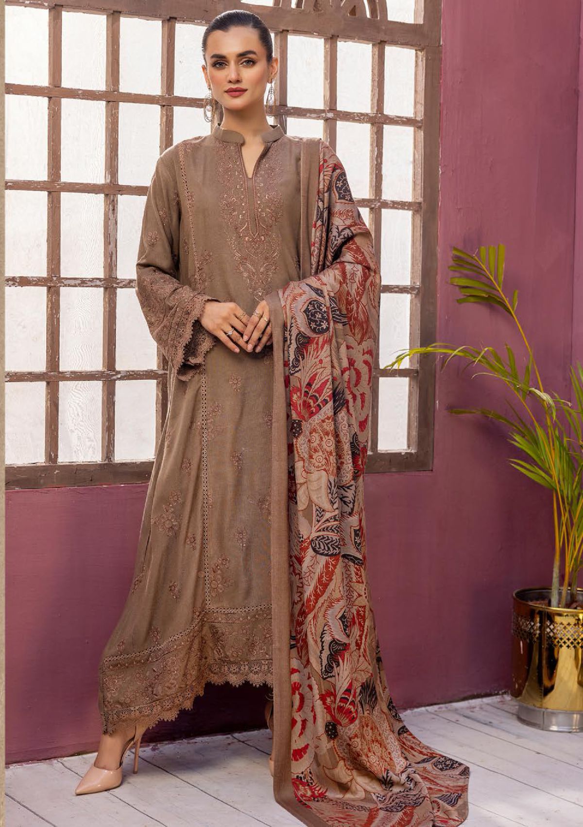 Khoobsurat Uraan Emb Peach Leather'23 U-12 - Mohsin Saeed Fabrics