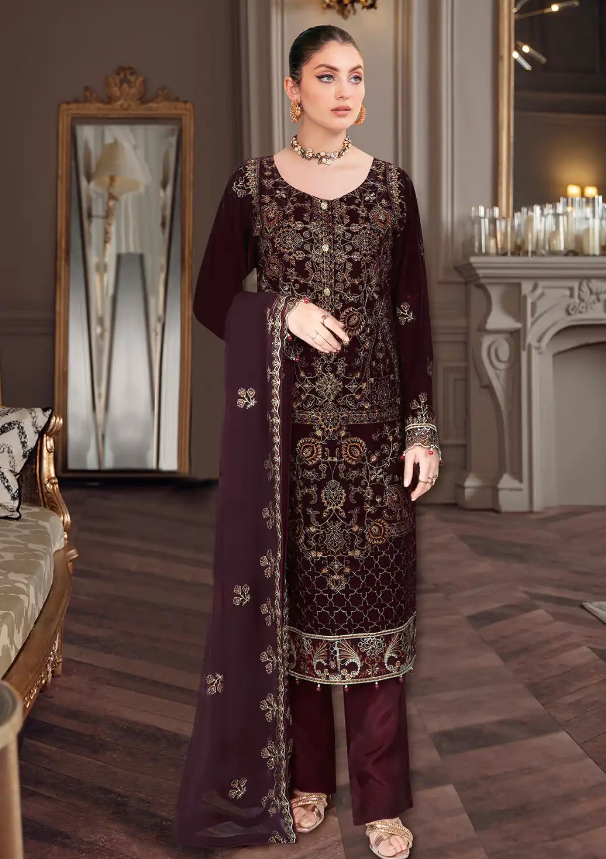 Ramsha Emb Velvet'23 W-359 (MAROON) - Mohsin Saeed Fabrics