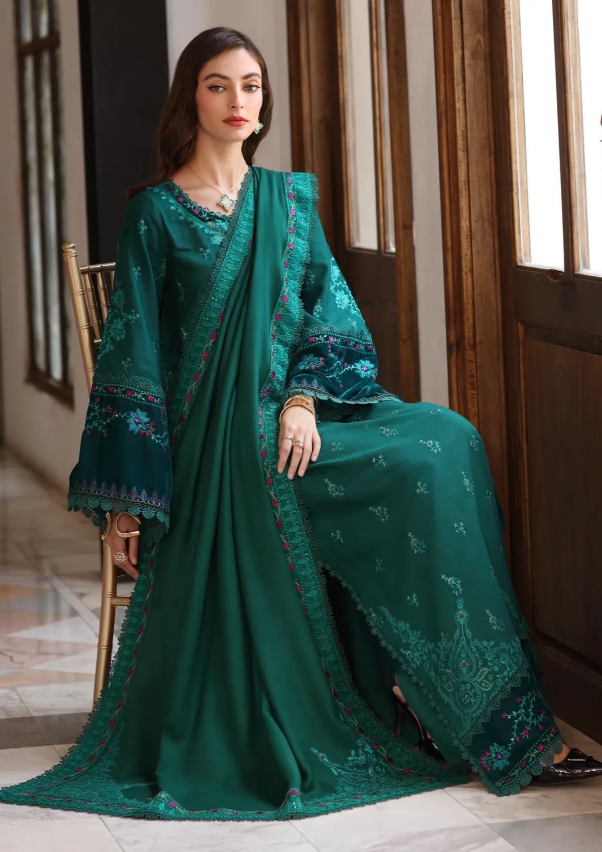 Noor By Saadia Asad Pashmina Shawl'25 D-02 Emerald Reverie