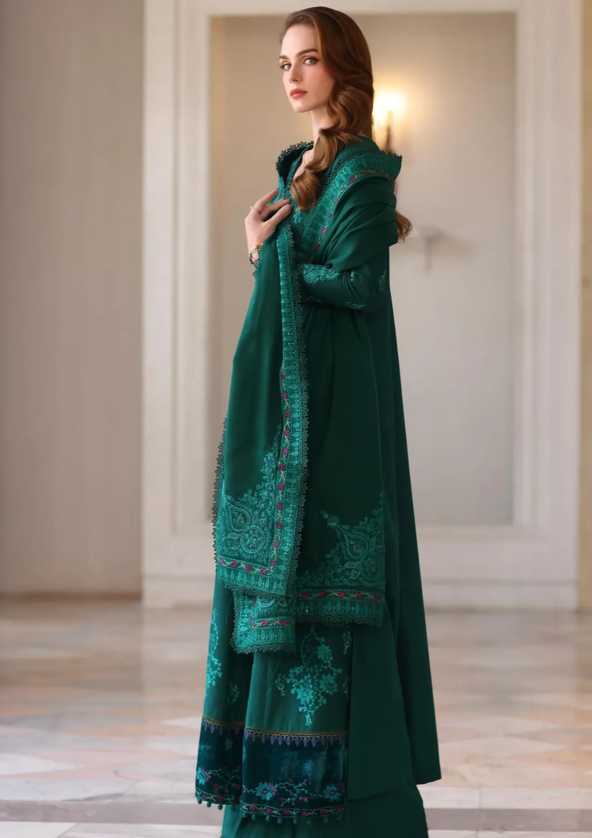 Noor By Saadia Asad Pashmina Shawl'25 D-02 Emerald Reverie