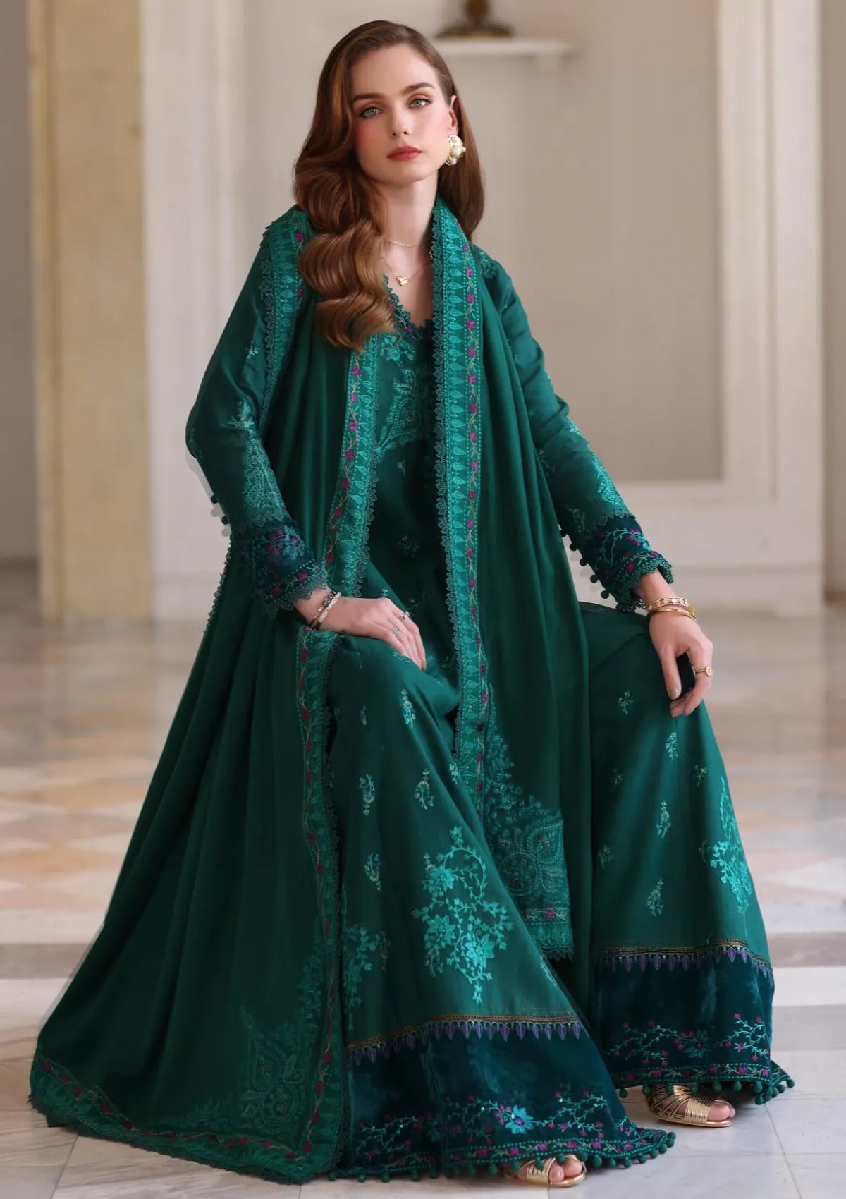 Noor By Saadia Asad Pashmina Shawl'25 D-02 Emerald Reverie