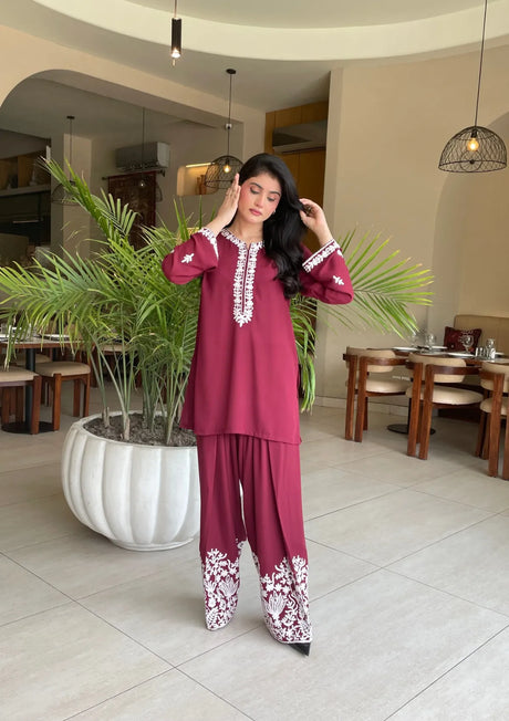 mohsin-saeed-fabrics-designer-daily-wear-formal-and-wedding-suits-within-budget-This-product-is-from-manahils-burgundy-embroidery-shalwar-set-is-available-on-Mohsin-saeed-fabrics-website.