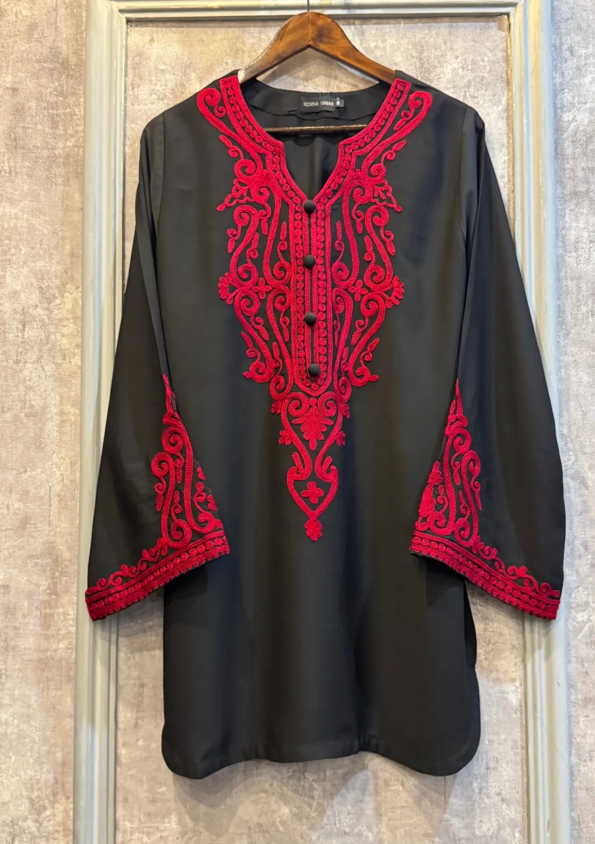 mohsin-saeed-fabrics-designer-daily-wear-formal-and-wedding-suits-within-budget-This-product-is-from-manahils-red-on-black-with-balck-farshi-shalwar-is-available-on-Mohsin-saeed-fabrics-website.