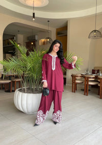mohsin-saeed-fabrics-designer-daily-wear-formal-and-wedding-suits-within-budget-This-product-is-from-manahils-burgundy-embroidery-shalwar-set-is-available-on-Mohsin-saeed-fabrics-website.