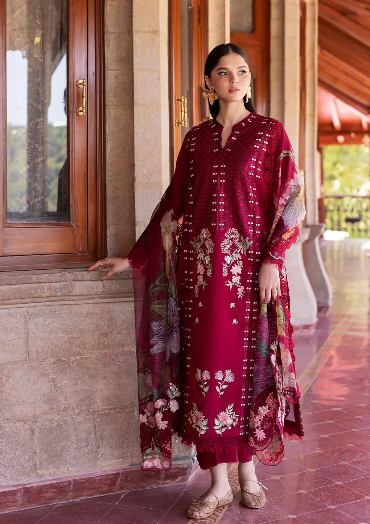 mohsin-saeed-fabrics-is-selling-online-and-in stores-Luxury-daily-wear-wedding-wear-formal-wear-in-budgeted-price-This-product-is-from-saira-shakira-bloom-lawn25-maroon-is-available-on-Mohsin-saeed-fabrics-website.
