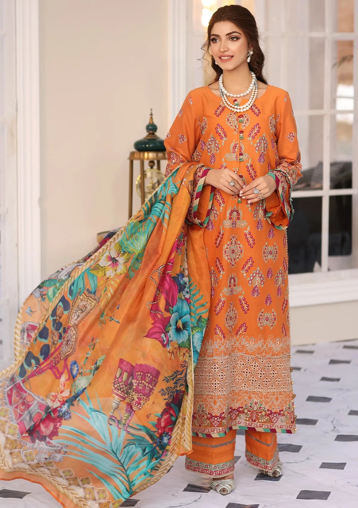 Elaf Festive Luxury Chikankari'23 ELC-08 (Tangrine) is available at Mohsin Saeed Fabrics online shop All the top women brands in pakistan such as Freesia, Maria b, Zara Shahjahan, Asim Jofa, Zaha, Elan, Crimson, Sobia Nazir, Maryam n Maria, Hussain Rehar, Marjjan, Anaya by Kiran Chaudhary, johra, Shaista, farah talib aziz and Gul Ahmed. 