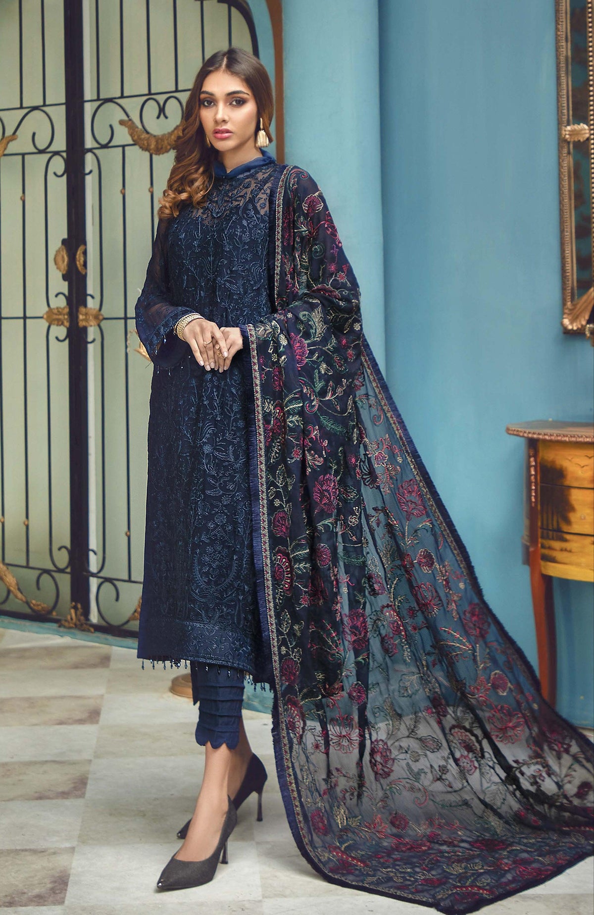 Zarif Rangrez Emb Chiffon Collection ZR-04 Azure - Mohsin Saeed Fabrics