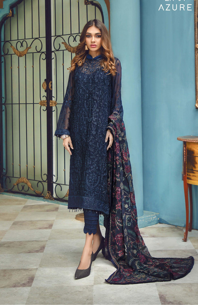 Zarif Rangrez Emb Chiffon Collection ZR-04 Azure - Mohsin Saeed Fabrics